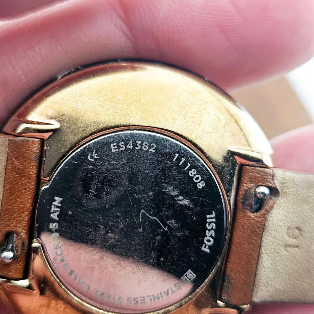 Fossil Womens Black Marble Bezel Watch Brown Leather Band Elevated Basic ES-4382